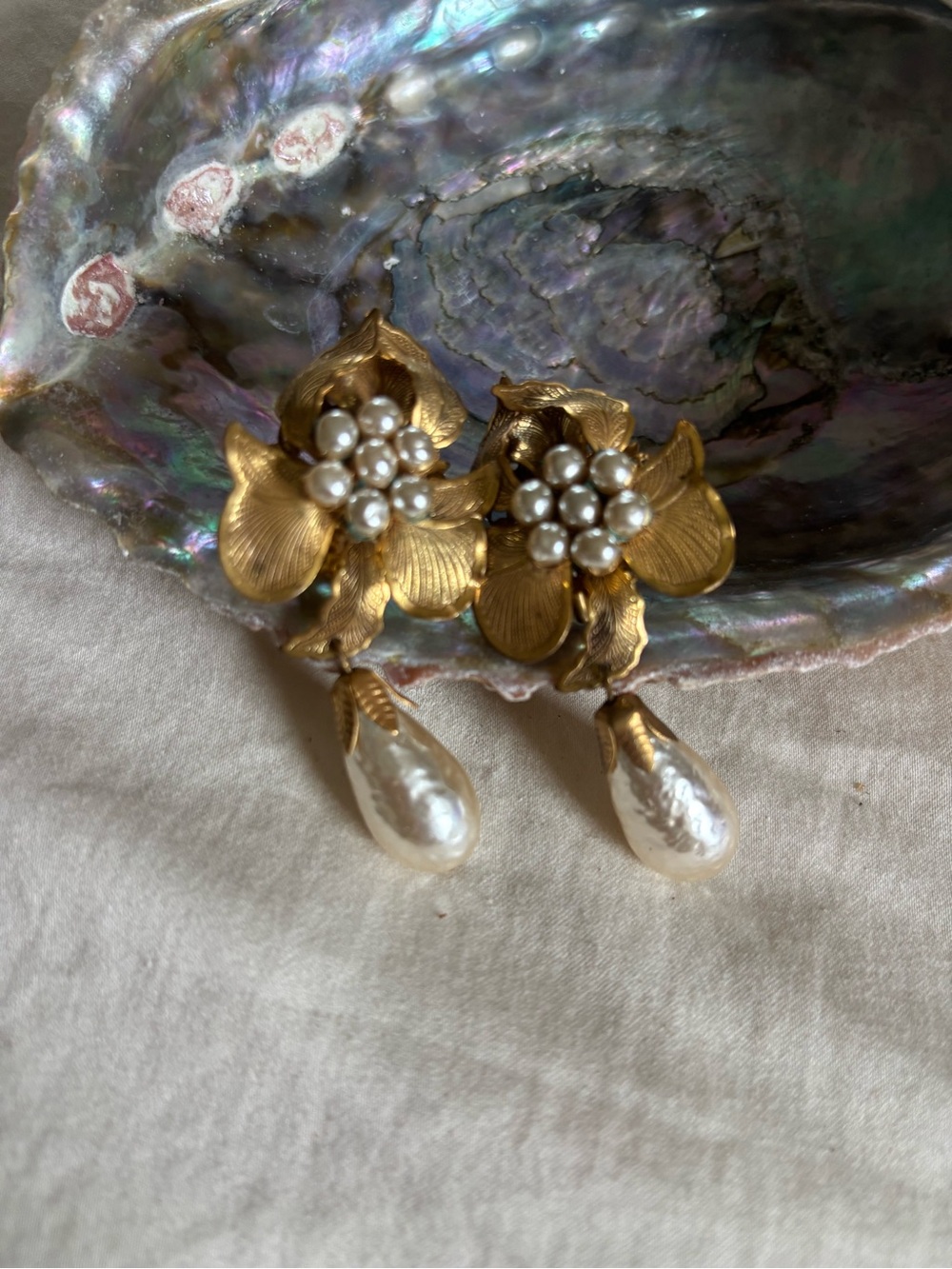 Miriam Haskell Gold Floral Pearl Drop Earrings